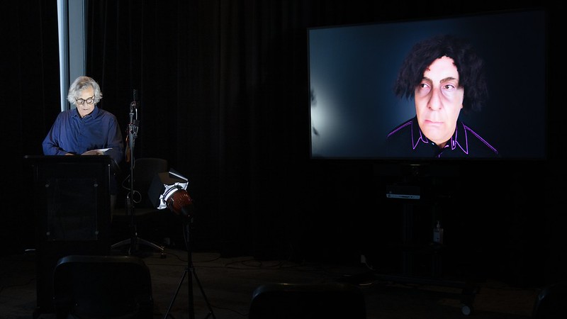 Steve Abbott in performance, interacting with The Sandman real-time live avatar.